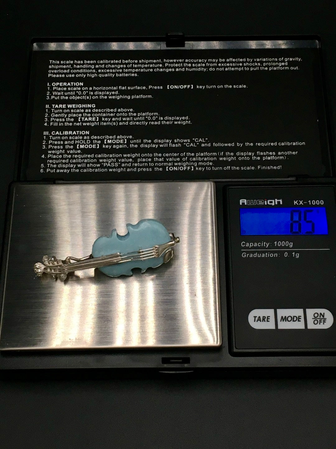 Handmade Vintage Pure Iranian Blue Turquoise Violin🎻Brooch/Pendant without a chain(8.5g)