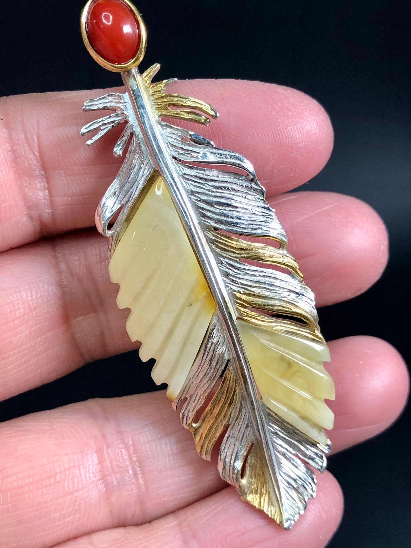 Handmade Genuine Baltic Natural White Amber and Italian red coral feather-shaped three-dimensional 925 Pendant/Brooch without a chain