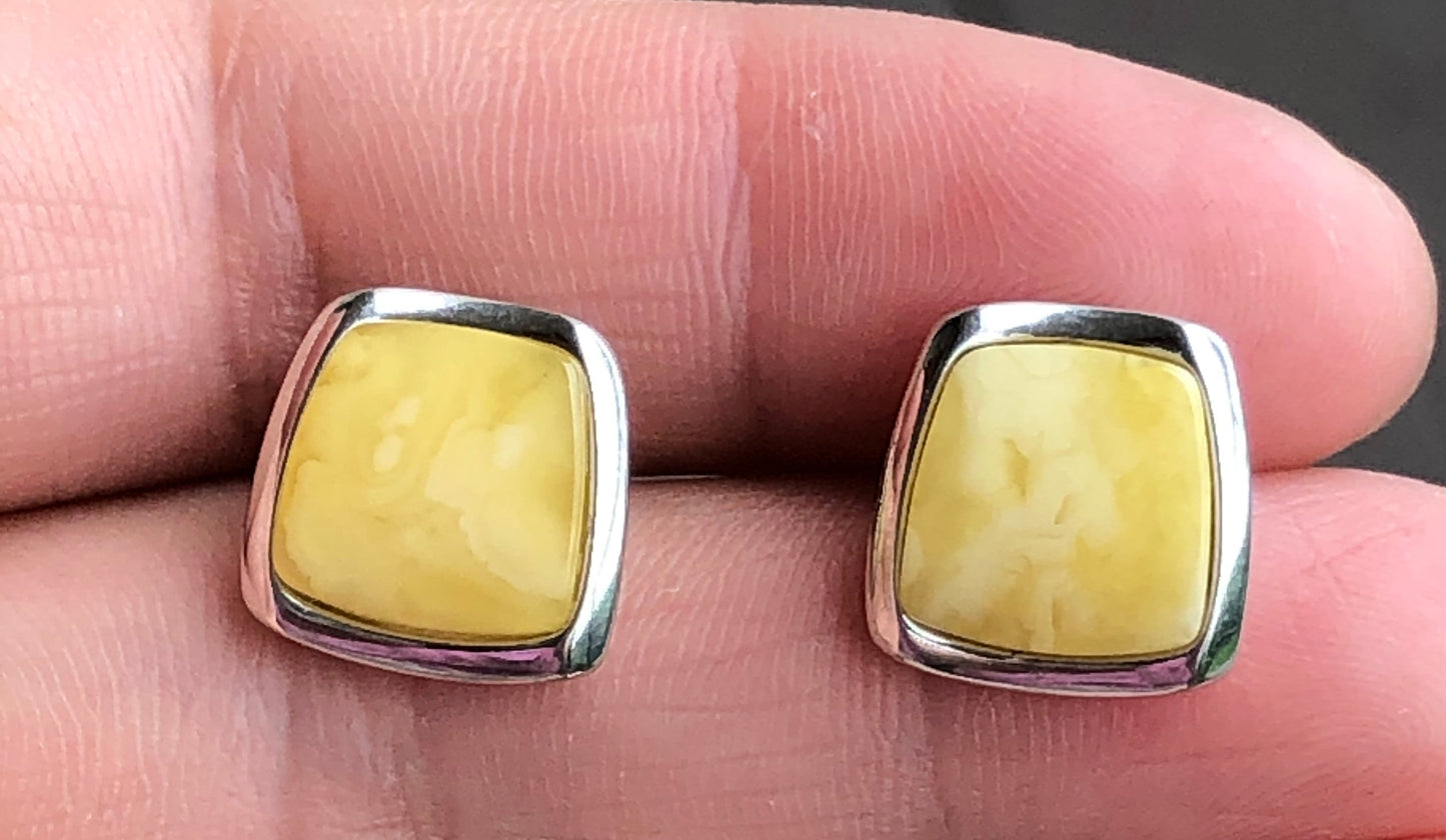 Handmade Baltic natural white amber trapezoidal 925 sterling silver stud earrings
