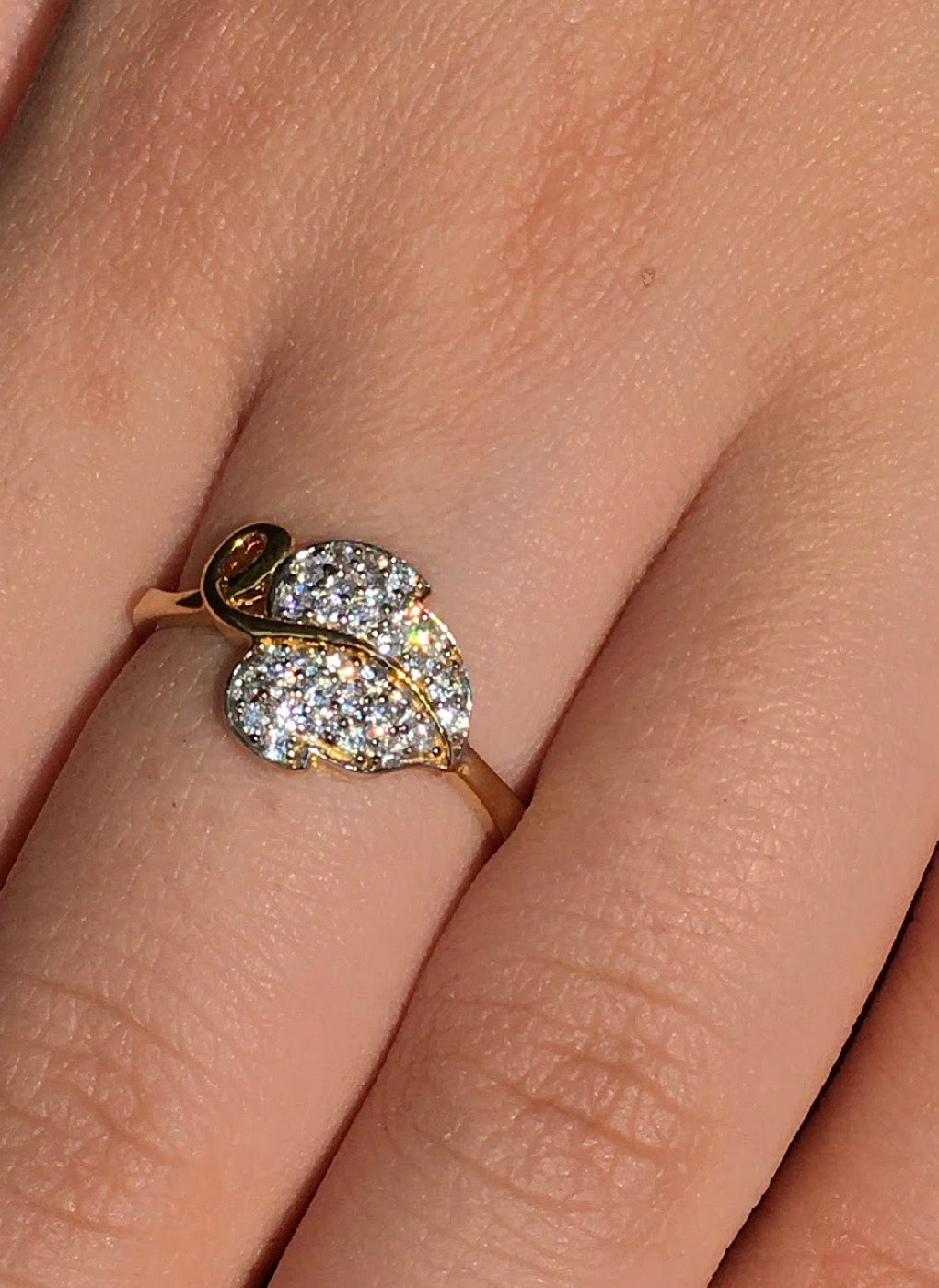 Stem Vine Leaf Swarovski Crystal Pave Setting 18K Gold Plated 925 Sterling Silver Ring