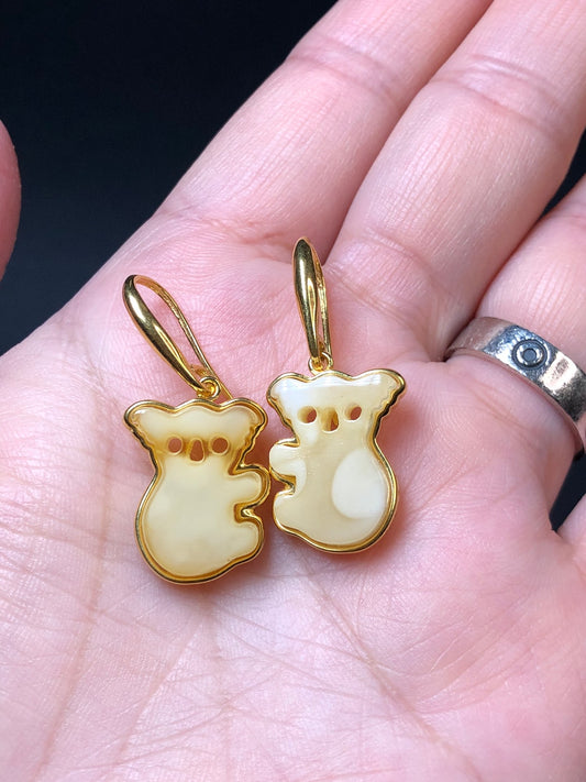 Handmade Genuine Cute koala 🐨 Baltic Natural White Amber earrings