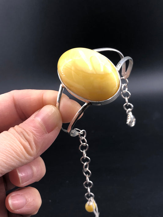 Baltic Natural Amber Oval Cabochon 925 Silver  adjustable Bangle