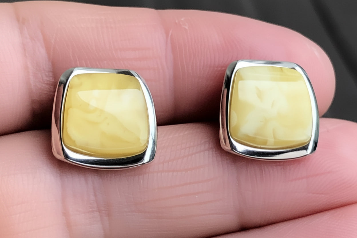 Handmade Baltic natural white amber trapezoidal 925 sterling silver stud earrings
