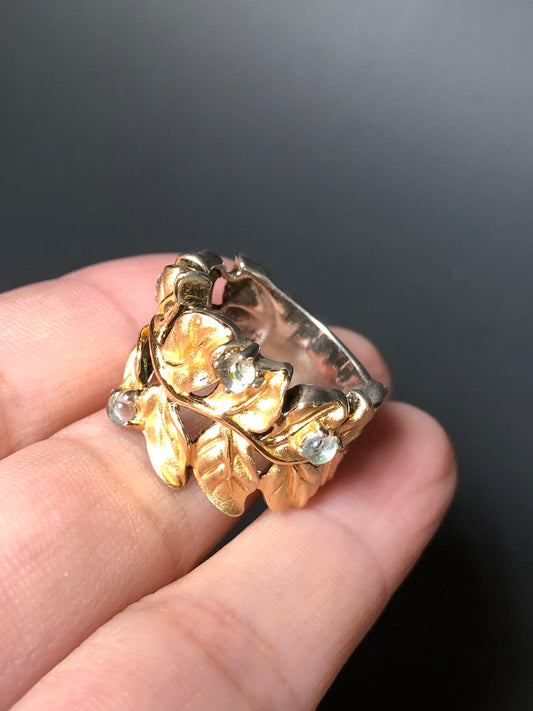 A vintage ring from Europe, made of 925 sterling silver and gilt silver, set with cubic zirconia. It has a very substantial and weighty feel.