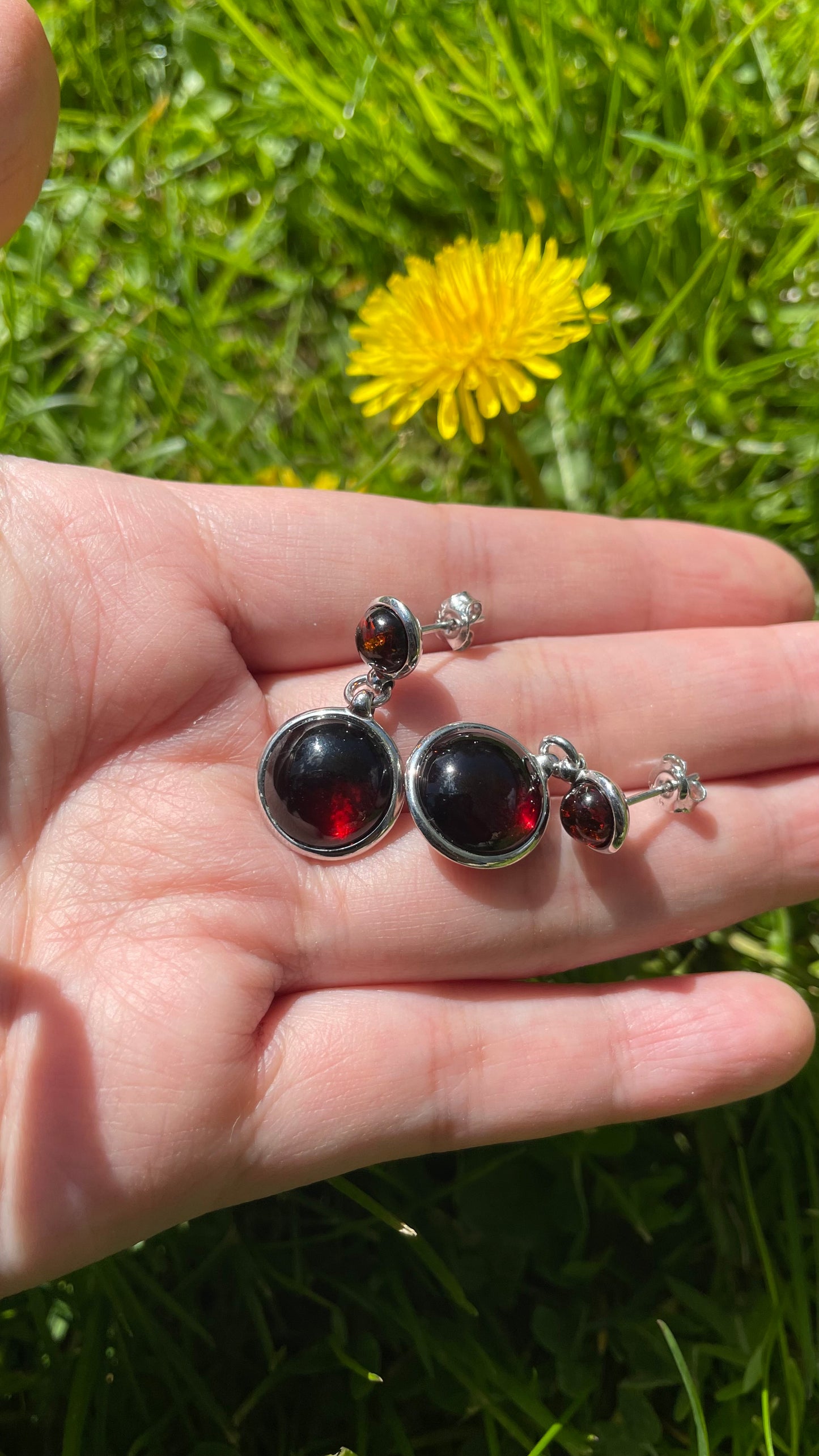 Handmade Baltic Natural Red Amber Round Tag 925 Sterling Silver Earrings