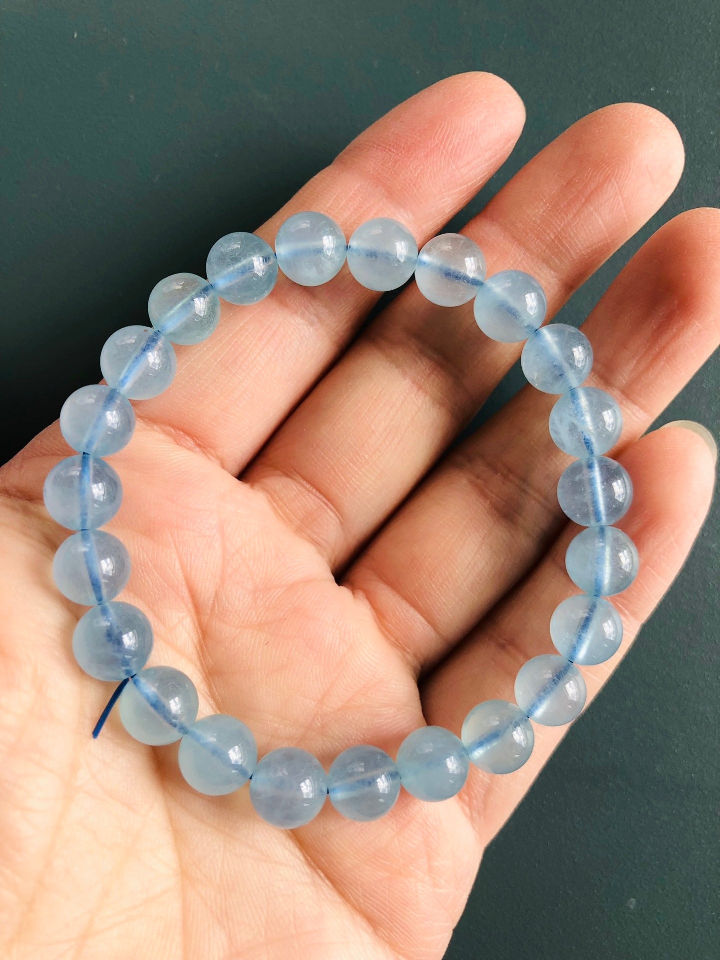 Handmade Genuine Natural Aquamarine Round Bead Bracelet 17g