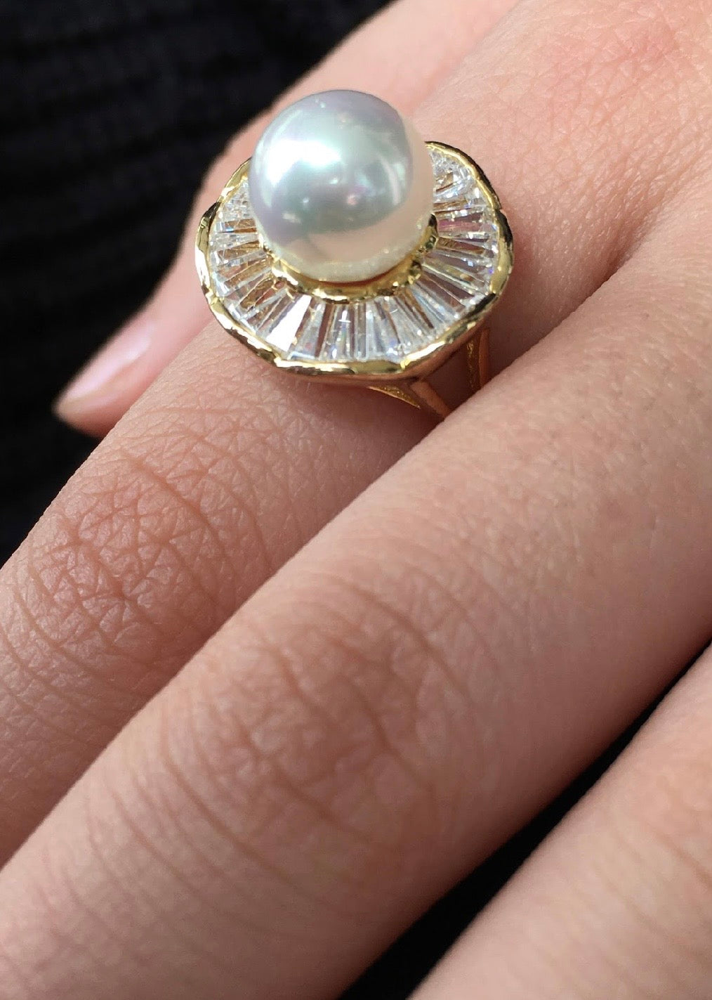 9mm White Swarovski Bar Crystal Pearl Bead 18K Gold Plated 925 Sterling Silver Ring