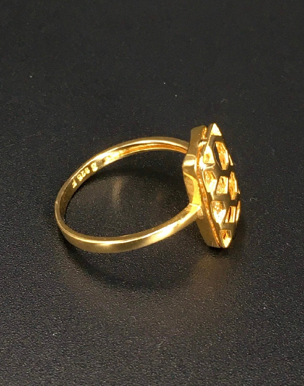 Antique Carved Window Lattices Style Hollow Out Swarovski Crystal 18K Gold Plated 925 Sterling Silver Rectangle Ring