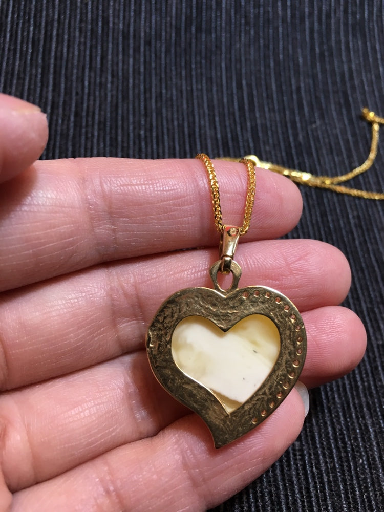 Handmade genuine Baltic natural white amber heart pendant, set in 925 sterling silver plated with gold and inlaid with zircon without a chain