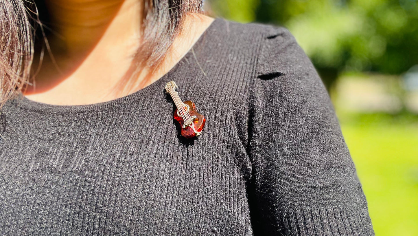 Handmade Genuine Cognac Amber Classical Guitar 🎸 Brooch