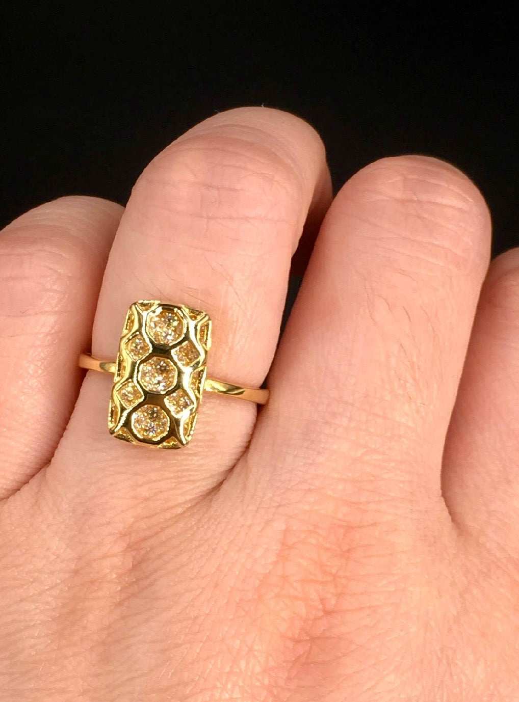 Antique Carved Window Lattices Style Hollow Out Swarovski Crystal 18K Gold Plated 925 Sterling Silver Rectangle Ring