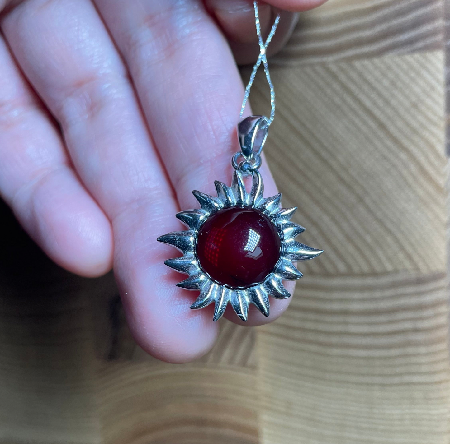 Handmade Baltic Natural Red Amber Sun 925 Sterling Silver Pendant