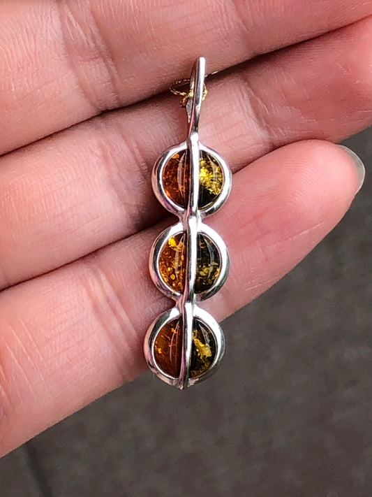 Handmade Baltic natural piebald amber with two-tone 925 sterling silver pendant