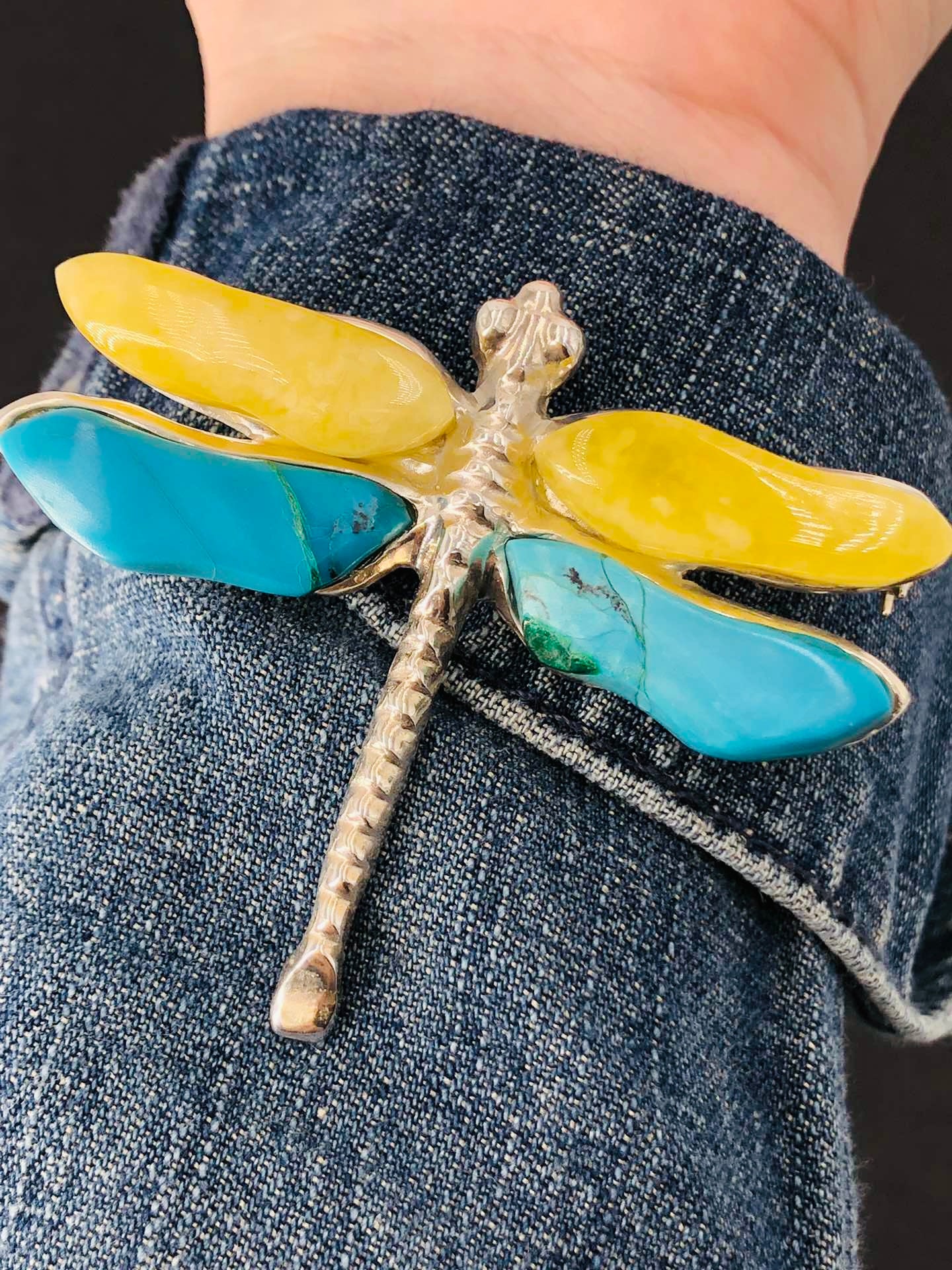 Handmade Genuine Baltic Natural Yellow Amber and American Turquoise (Dragonfly 🦗 Brooch & Pendant) with a leather rope