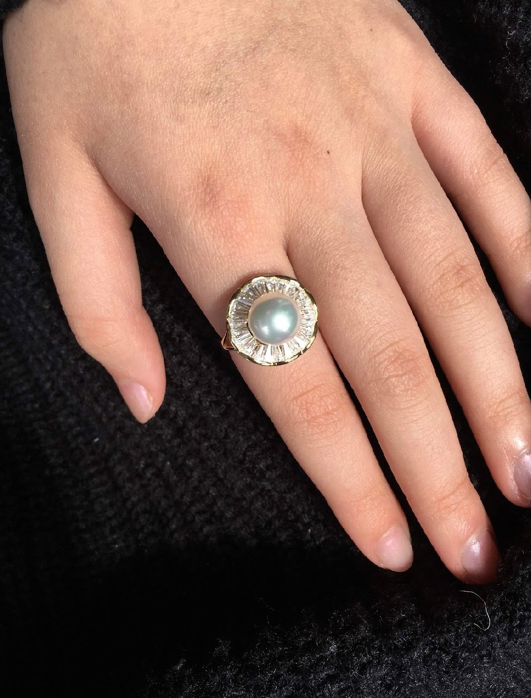 9mm White Swarovski Bar Crystal Pearl Bead 18K Gold Plated 925 Sterling Silver Ring