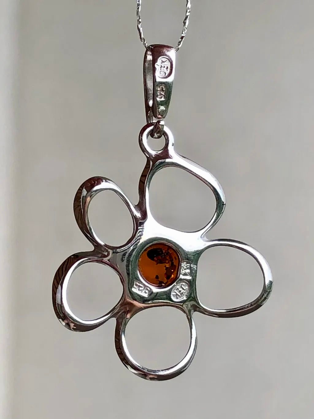 Handmade Baltic Natural Piebald Amber Apple Blossom 925 Sterling Silver Pendant (without a chain)
