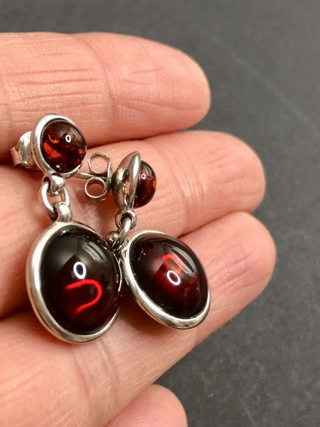 Handmade Baltic Natural Red Amber Round Tag 925 Sterling Silver Earrings