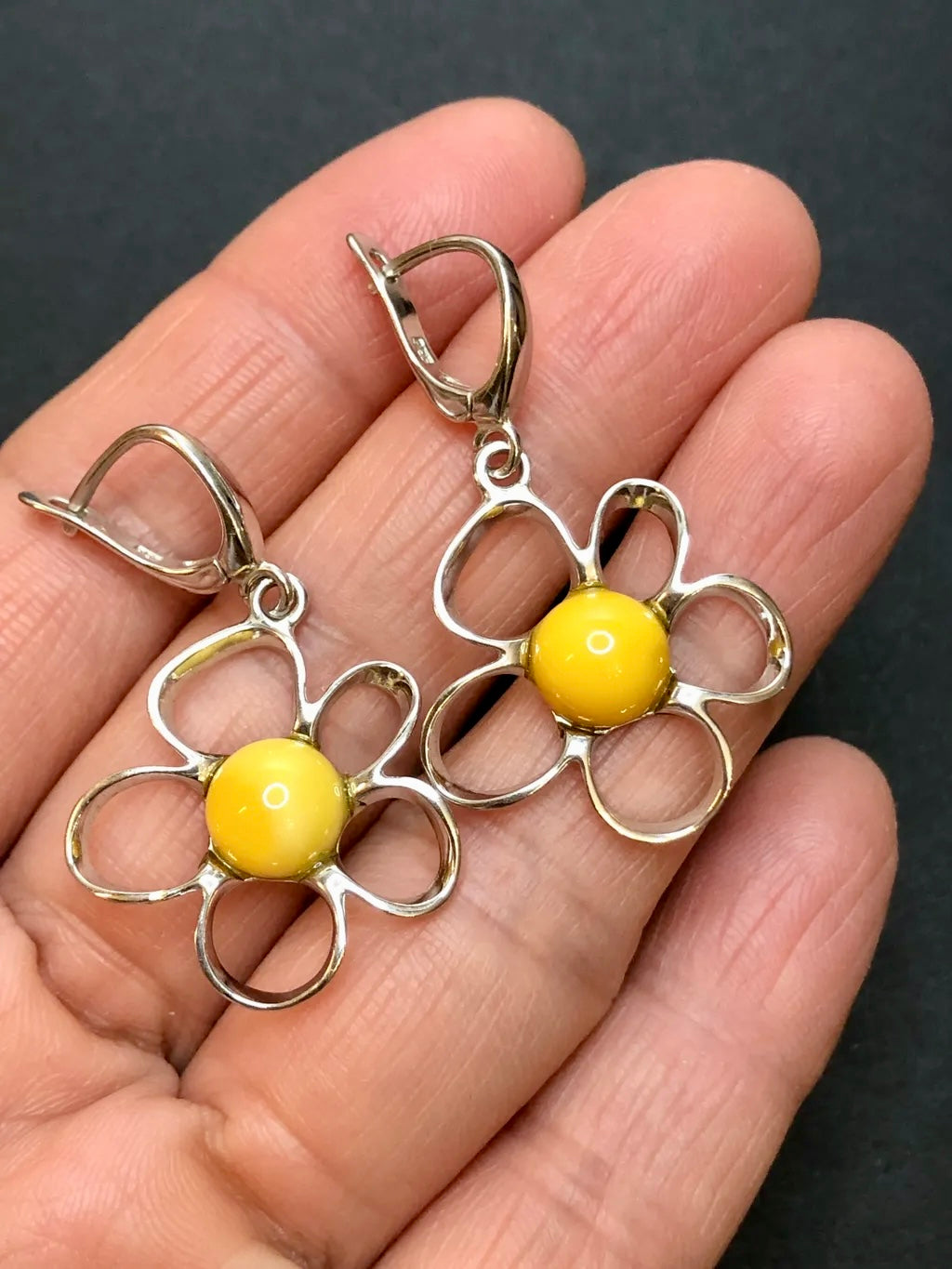 Baltic Natural Chicken-fat Yellow Amber Apple Blossom 925 Sterling Silver Earrings