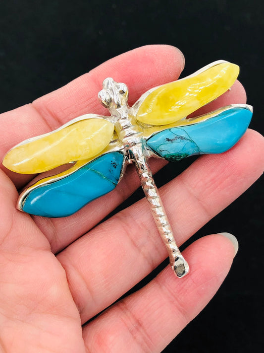 Handmade Genuine Baltic Natural Yellow Amber and American Turquoise (Dragonfly 🦗 Brooch & Pendant) with a leather rope