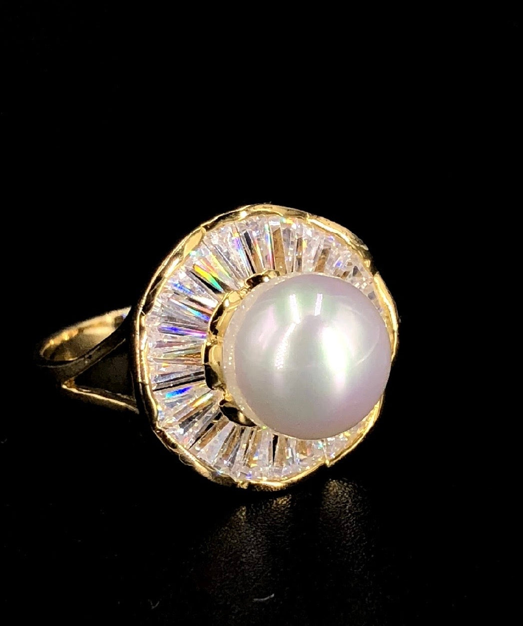 9mm White Swarovski Bar Crystal Pearl Bead 18K Gold Plated 925 Sterling Silver Ring