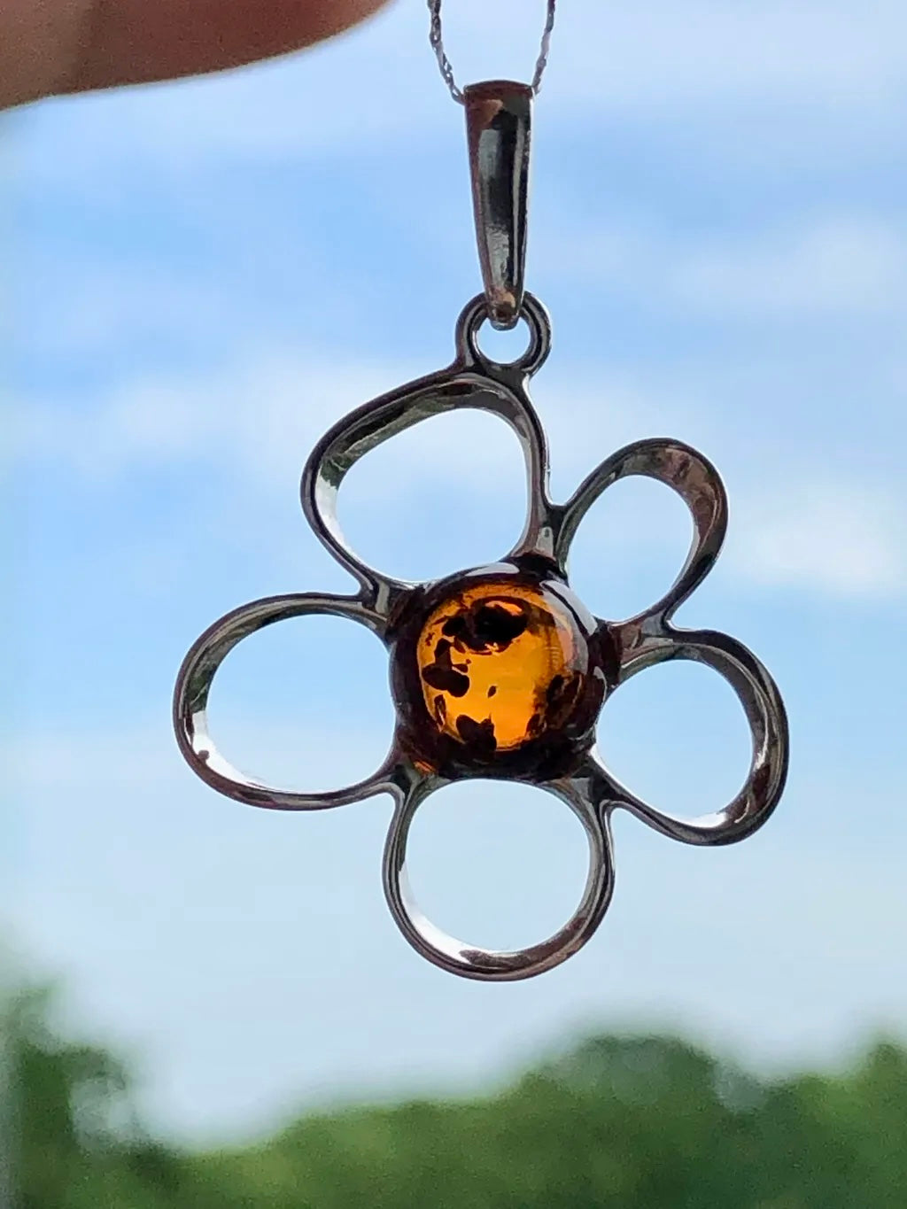 Handmade Baltic Natural Piebald Amber Apple Blossom 925 Sterling Silver Pendant (without a chain)