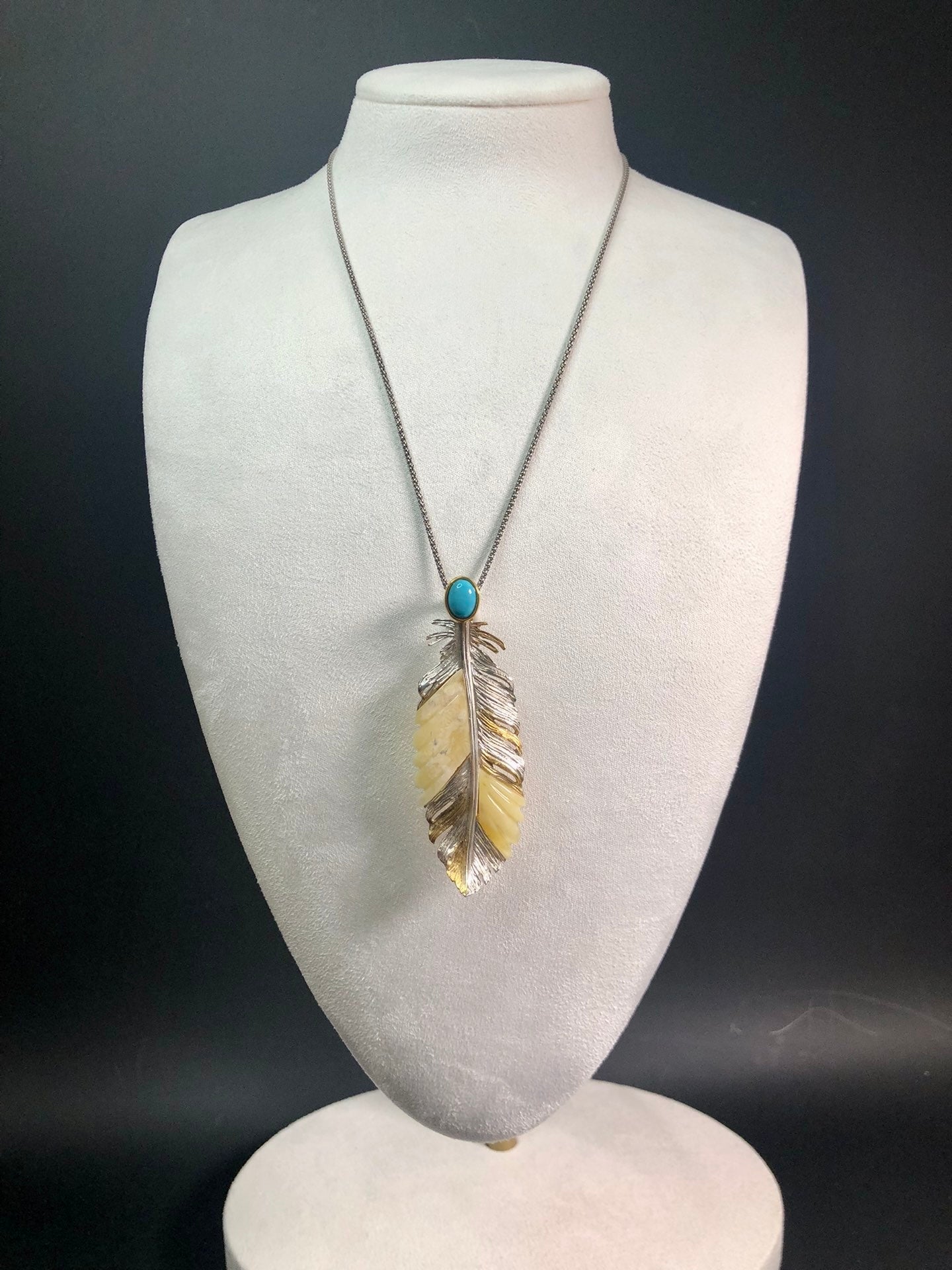 Handmade Genuine Baltic Natural White Amber with turquoise 925 feather-shaped three-dimensionalPendant/Brooch without a chain