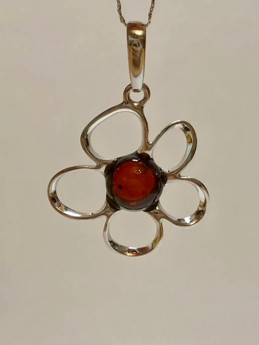 Baltic Natural Red Amber Apple Blossom 925 Sterling Silver Pendant (without a chain)