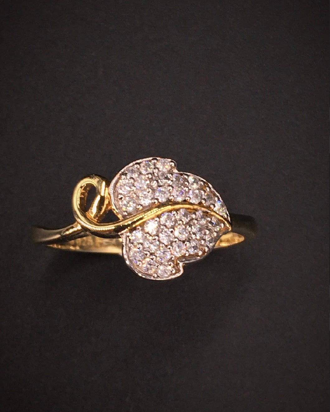 Stem Vine Leaf Swarovski Crystal Pave Setting 18K Gold Plated 925 Sterling Silver Ring