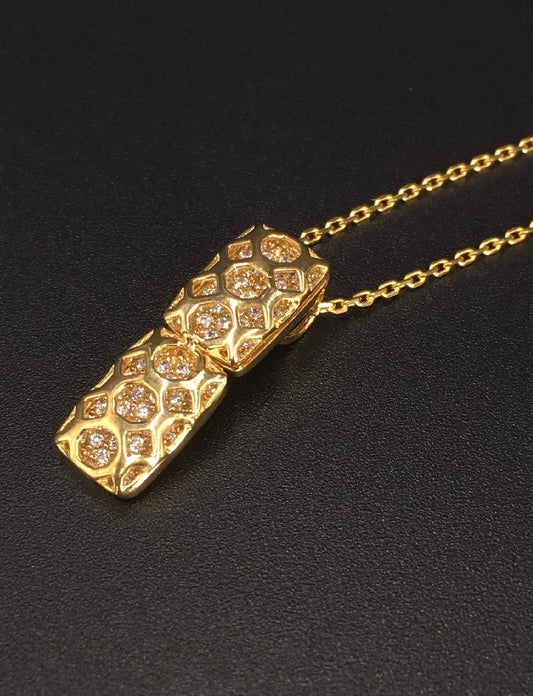 Antique Carved Window Lattices Style Hollow Out Swarovski Crystal 18K Gold Plated 925 Sterling Silver Rectangle Pendant w/o chain