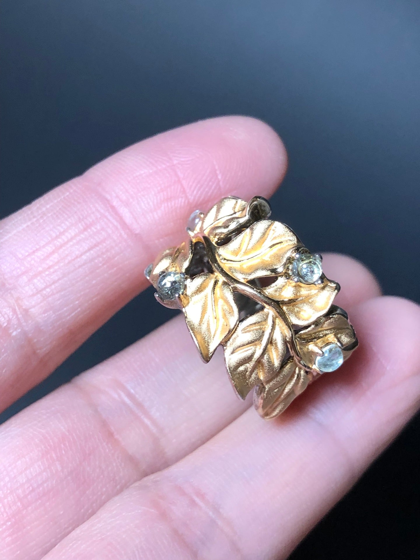 A vintage ring from Europe, made of 925 sterling silver and gilt silver, set with cubic zirconia. It has a very substantial and weighty feel.