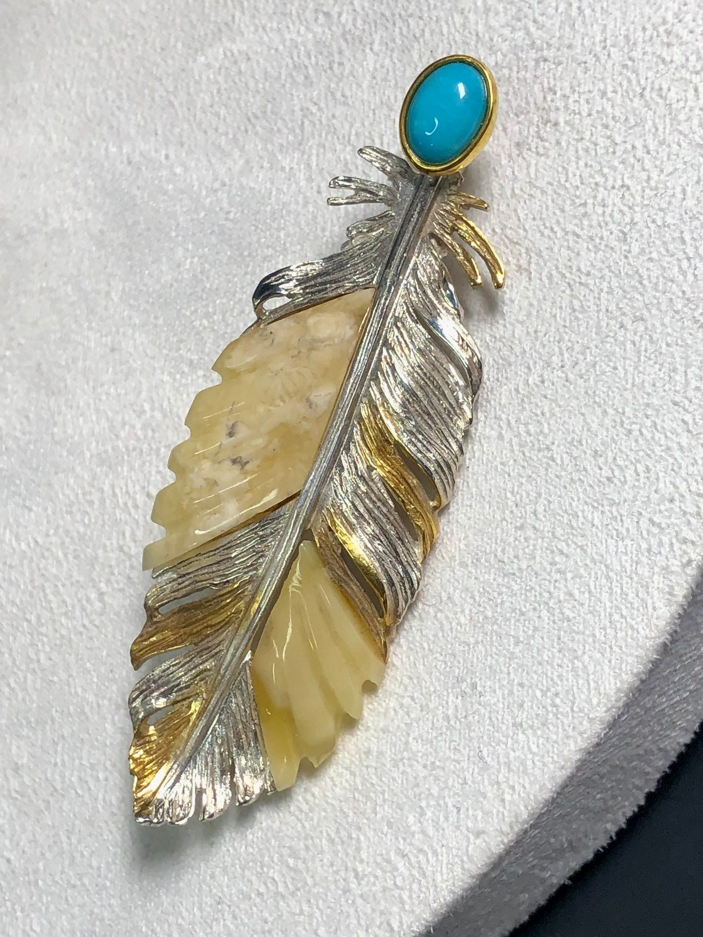 Handmade Genuine Baltic Natural White Amber with turquoise 925 feather-shaped three-dimensionalPendant/Brooch without a chain
