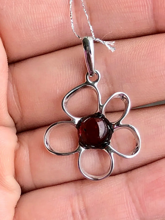 Handmade Baltic Natural Piebald Amber Apple Blossom 925 Sterling Silver Pendant (without a chain)