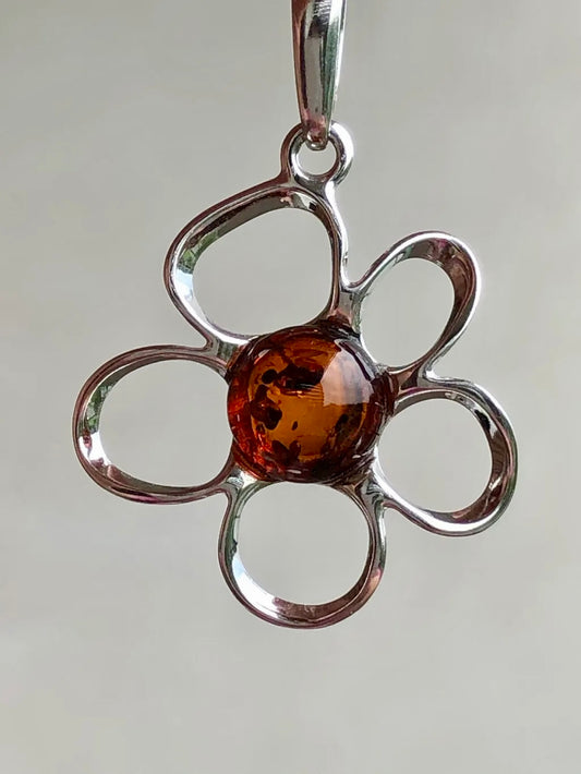 Handmade Baltic Natural Piebald Amber Apple Blossom 925 Sterling Silver Pendant (without a chain)