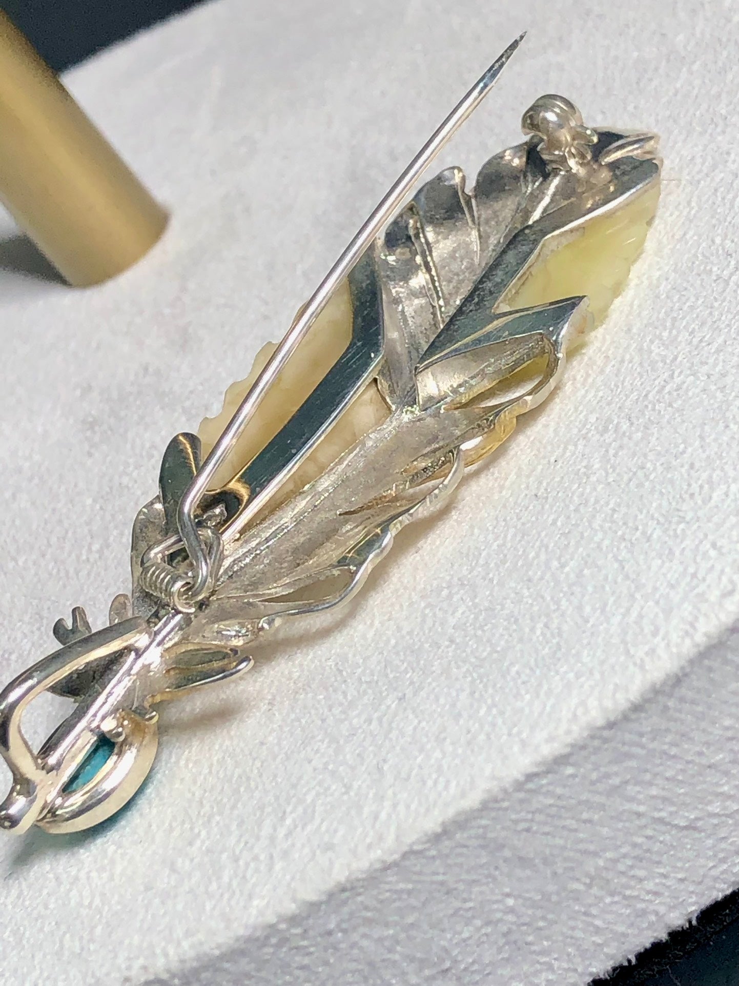 Handmade Genuine Baltic Natural White Amber with turquoise feather-shaped 925 Pendant/Brooch without a chain