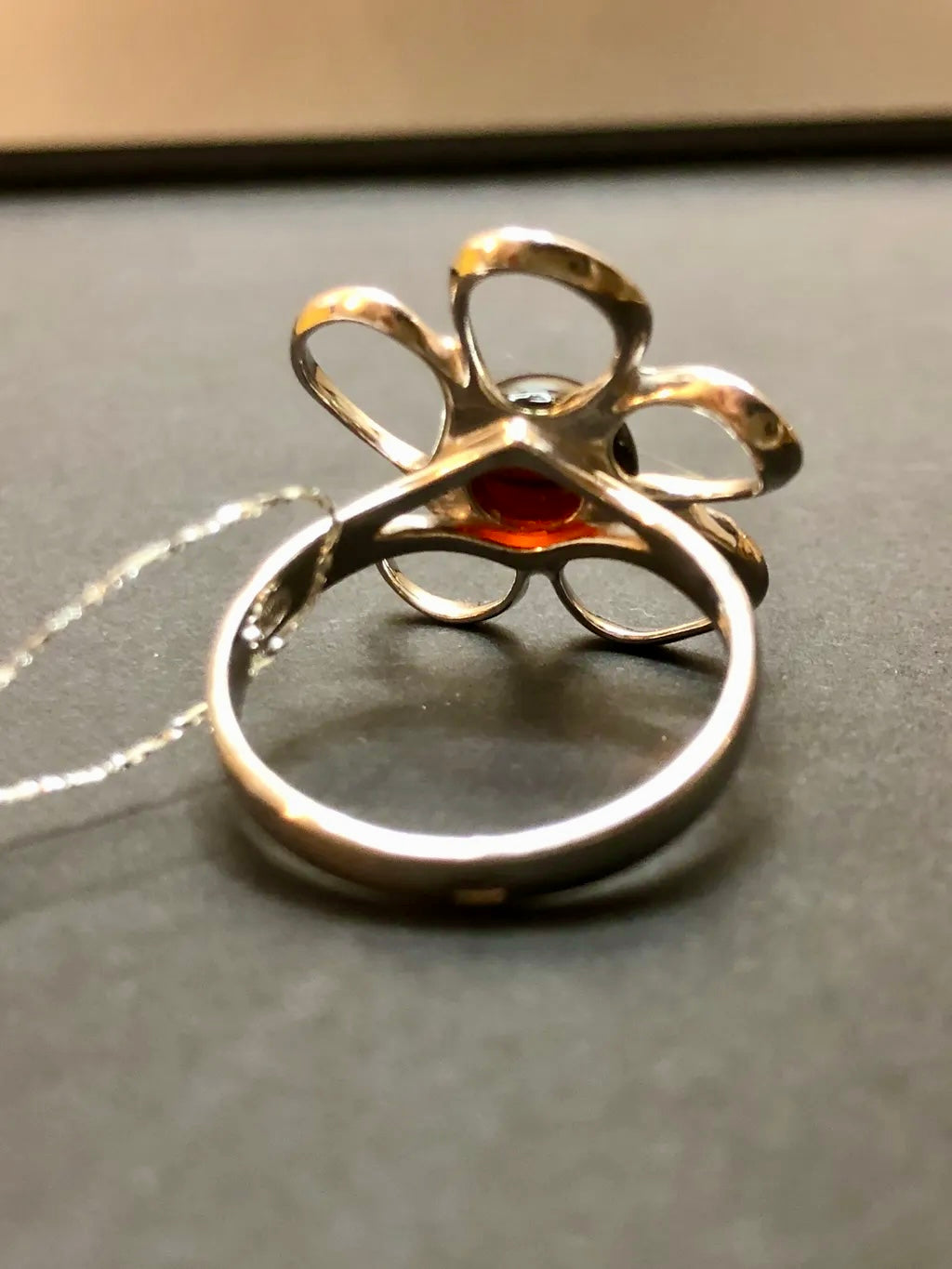Handmade Baltic Natural Red Amber Apple Blossom 925 Sterling Silver Ring Size 8