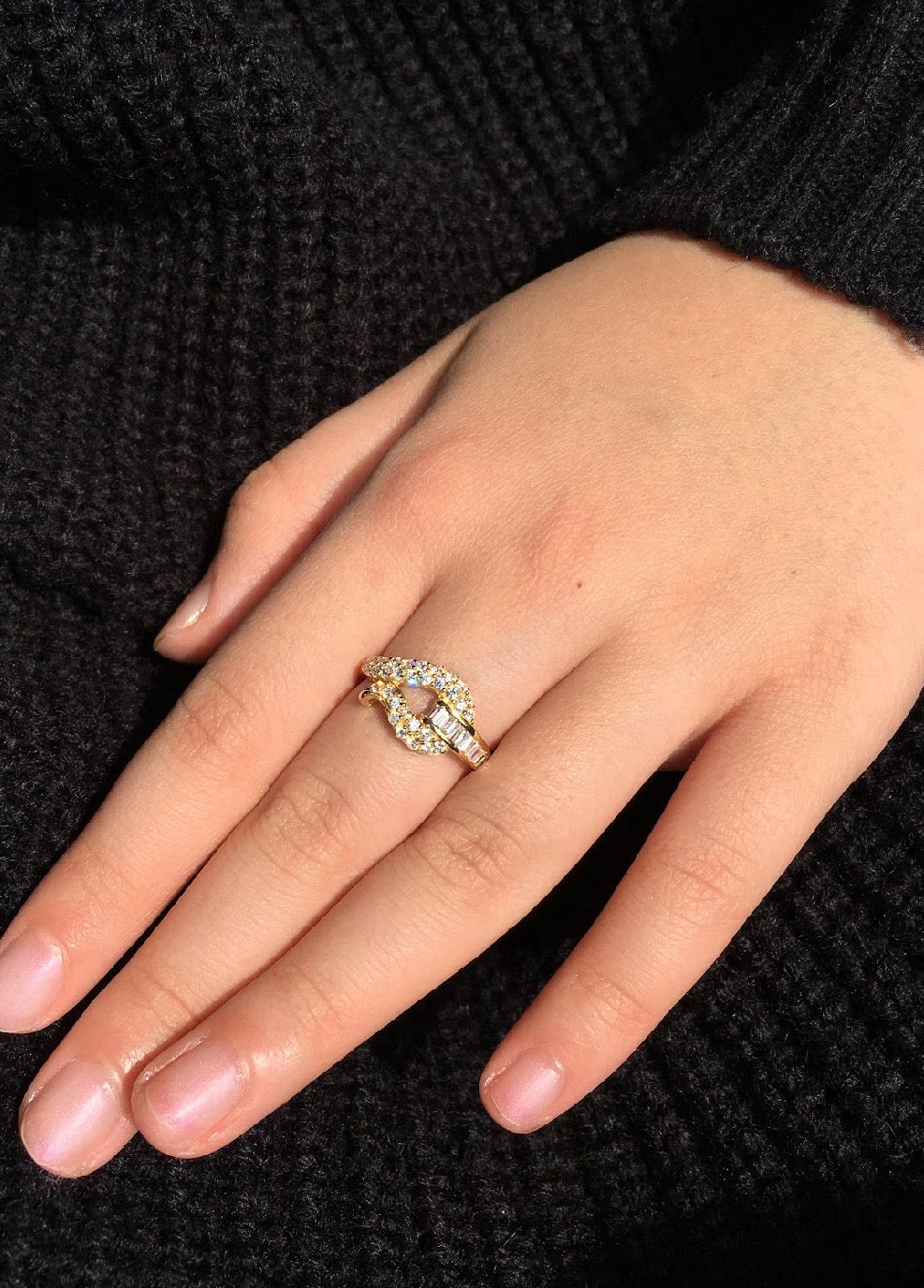 Tulip Bud Shaped Buckle Swarovski Crystal 18K Gold Plated 925 Sterling Silver Ring