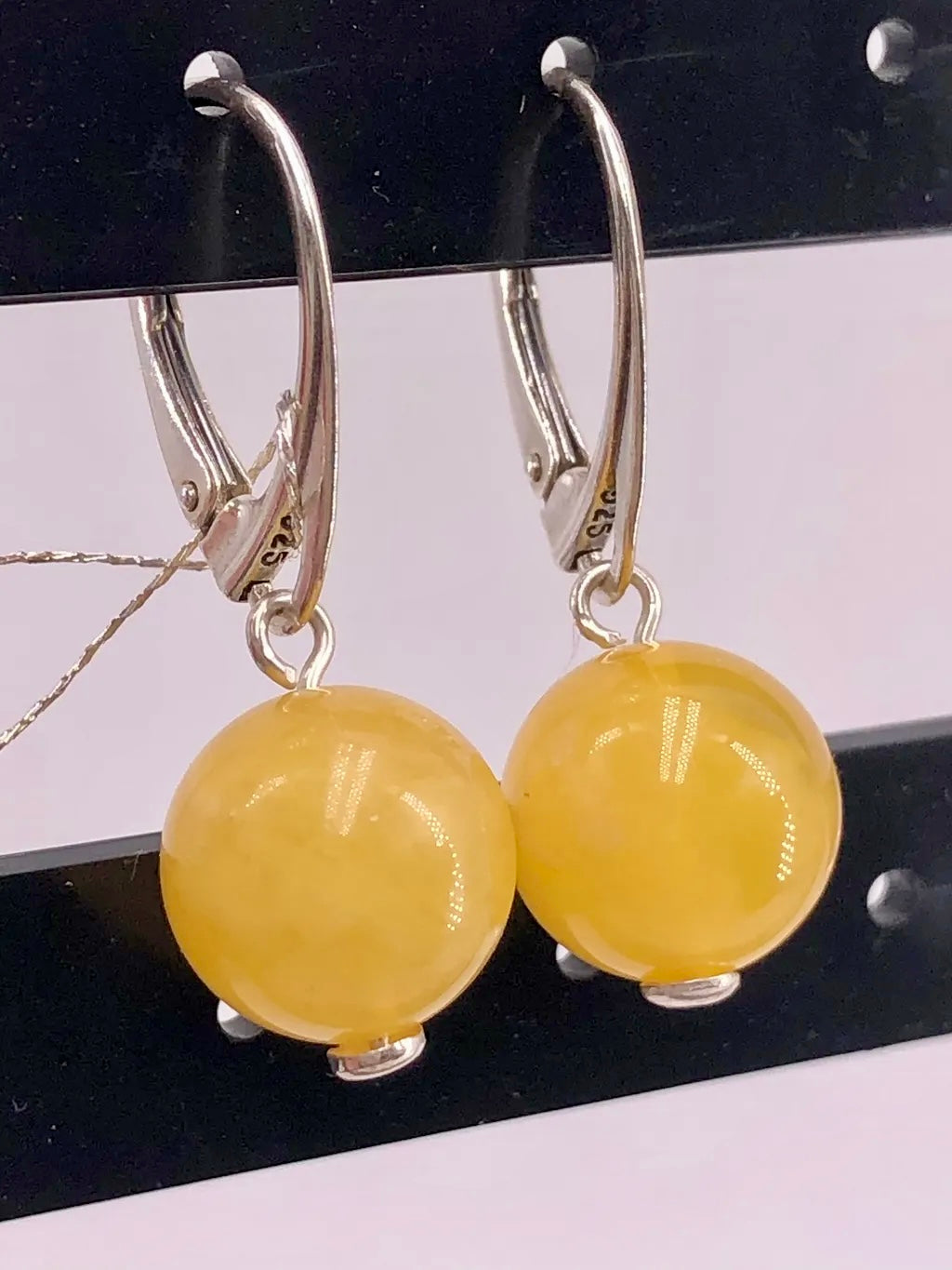 Handmade Genuine Baltic Natural Beeswax Amber Bead 925 Sterling Silver Earrings