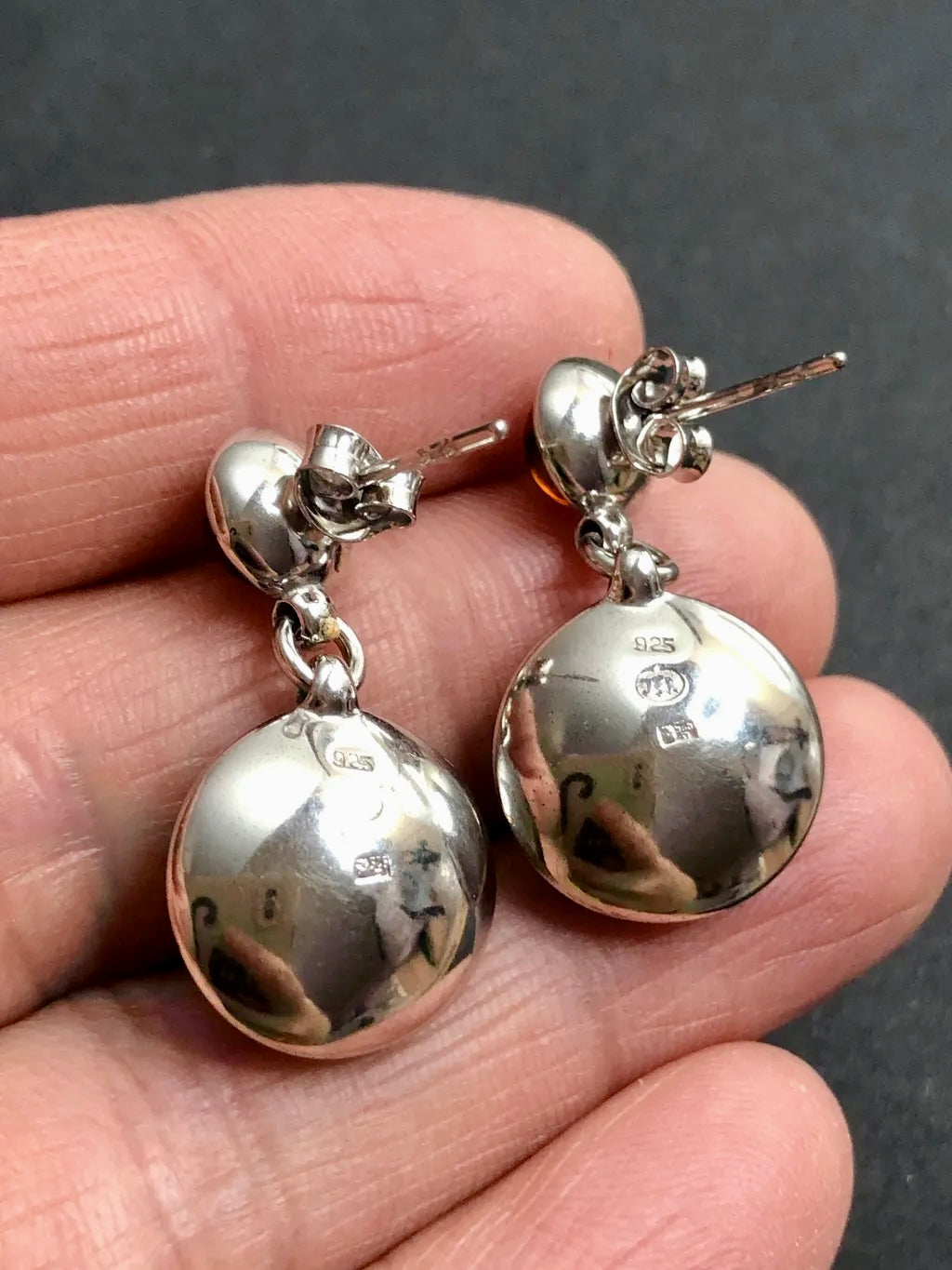 Handmade Baltic Natural Red Amber Round Tag 925 Sterling Silver Earrings