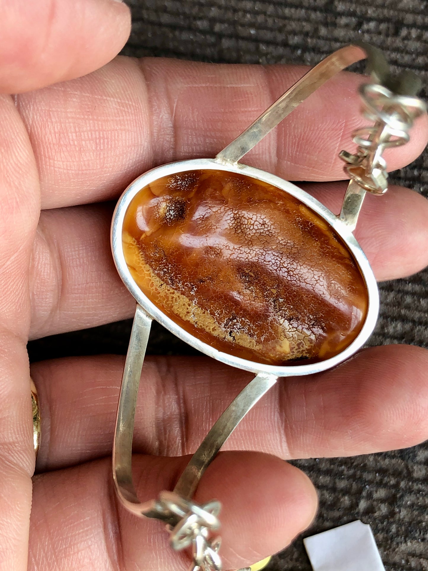 Baltic Natural Amber Oval Cabochon 925 Silver  adjustable Bangle