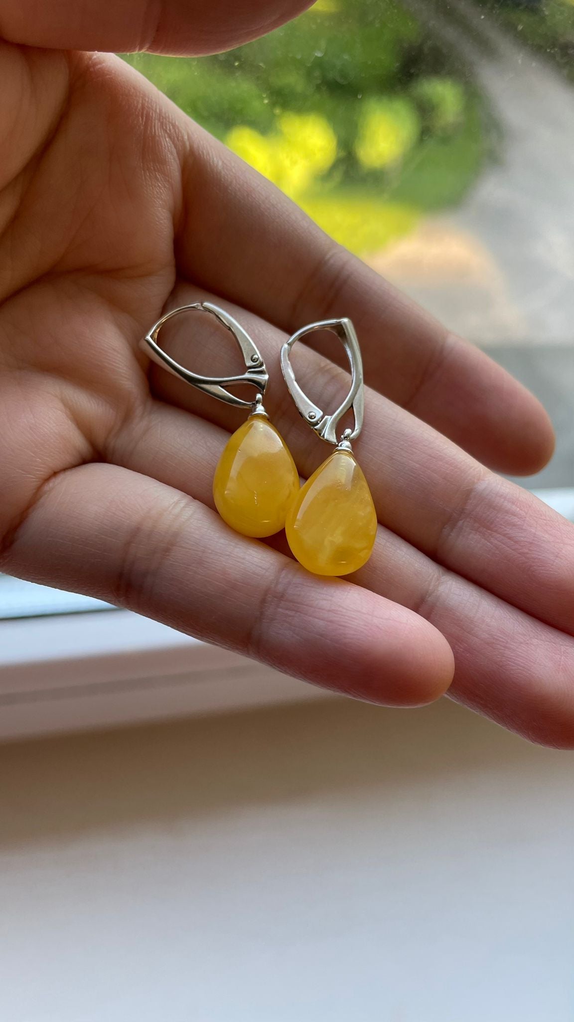 Handmade Authentic Baltic Amber Earrings  Drops 925 Sterling Silver - Butter Colour