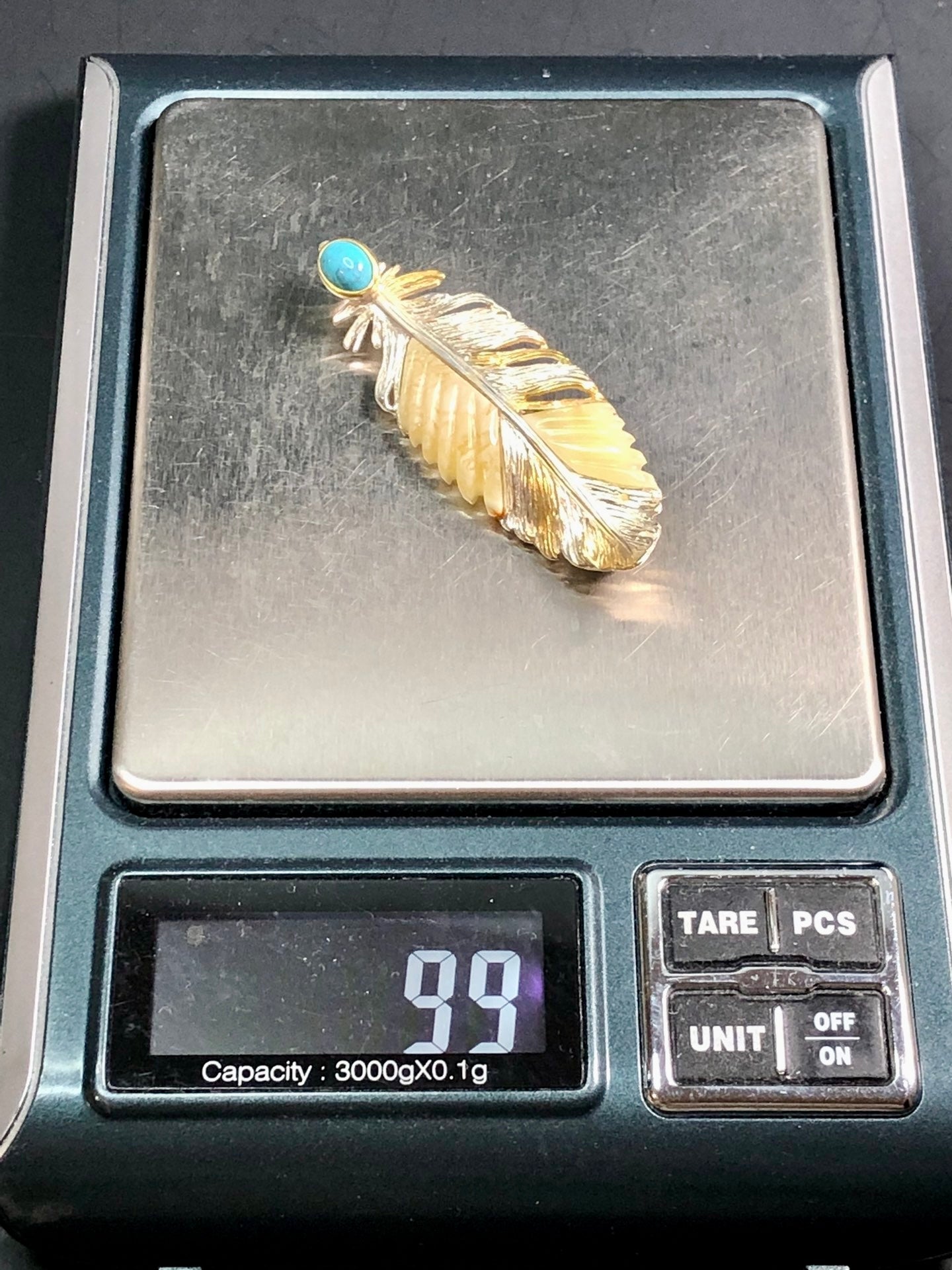 Handmade Genuine Baltic Natural White Amber with turquoise feather-shaped 925 Pendant/Brooch without a chain