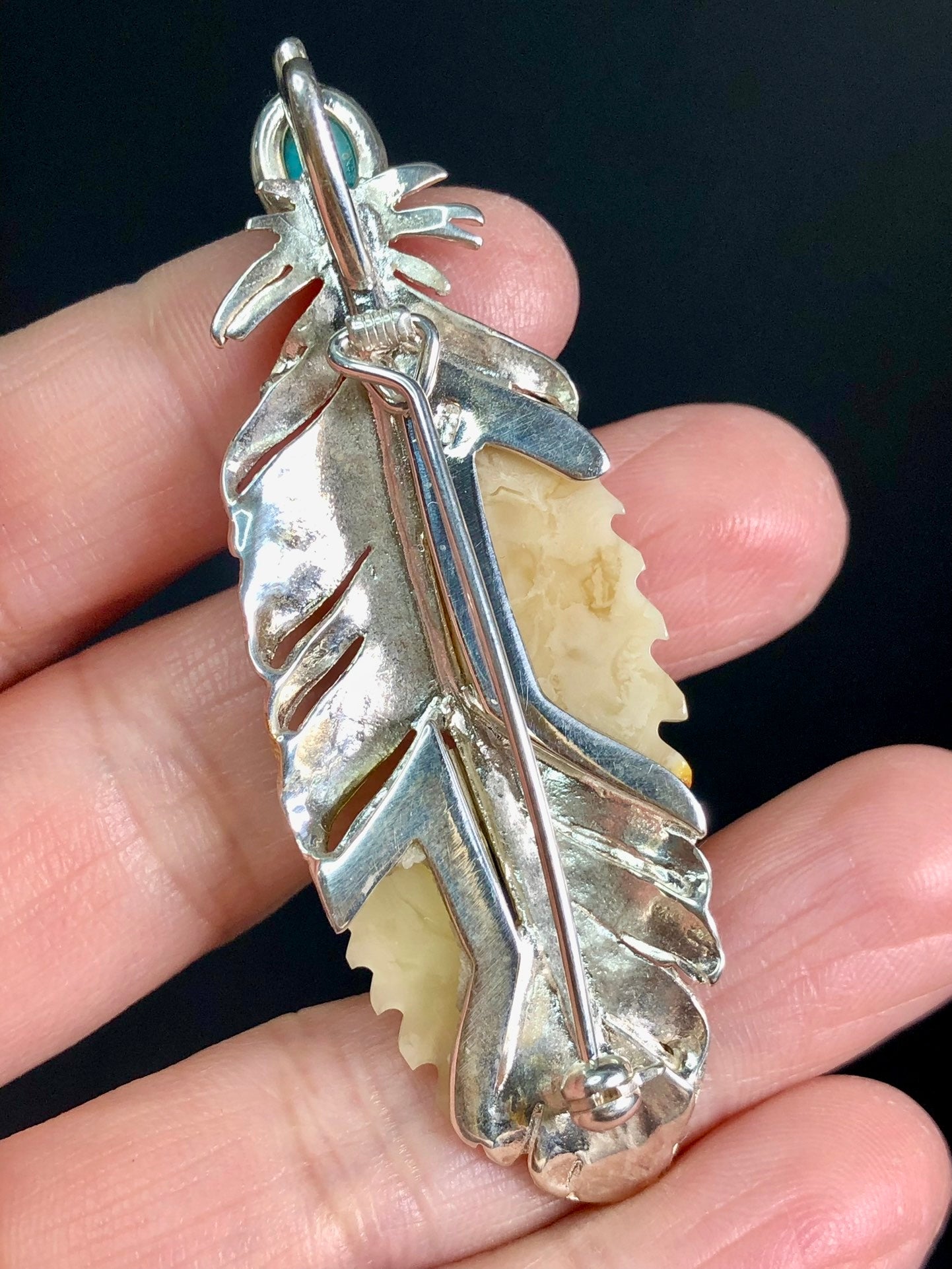 Handmade Genuine Baltic Natural White Amber with turquoise feather-shaped 925 Pendant/Brooch without a chain