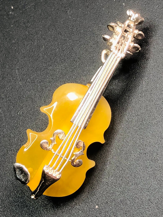 Handmade Genuine Baltic Natural Chicken Fat Yellow Amber Brooch/Pendant - Violin 🎻without a chain