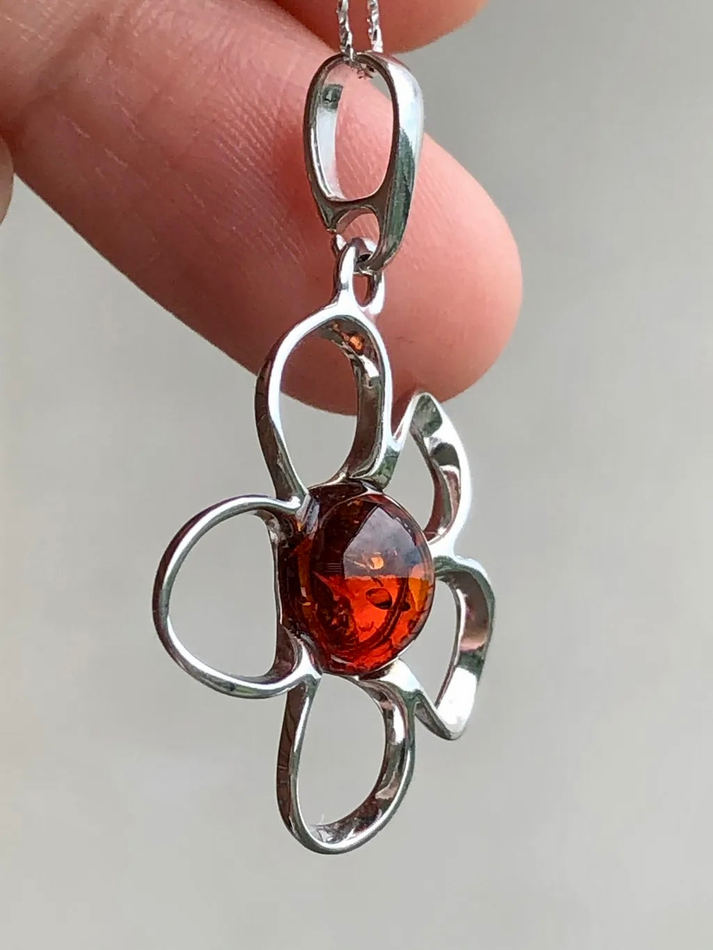 Handmade Baltic Natural Piebald Amber Apple Blossom 925 Sterling Silver Pendant (without a chain)