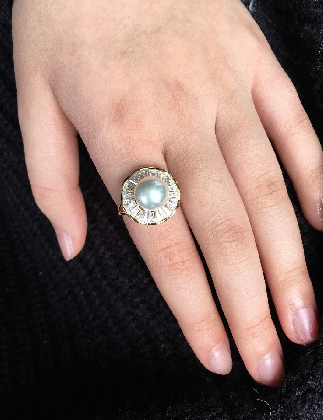 9mm White Swarovski Bar Crystal Pearl Bead 18K Gold Plated 925 Sterling Silver Ring