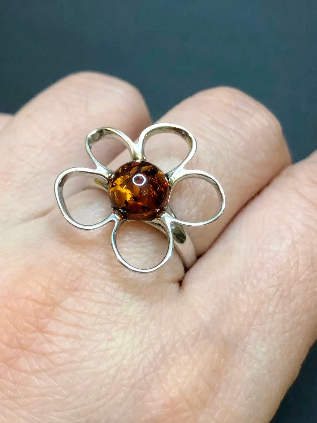 Handmade Baltic Natural Piebald Amber Apple Blossom 925 Sterling Silver Ring Size 7.5