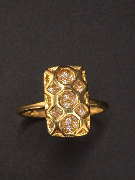 Antique Carved Window Lattices Style Hollow Out Swarovski Crystal 18K Gold Plated 925 Sterling Silver Rectangle Ring