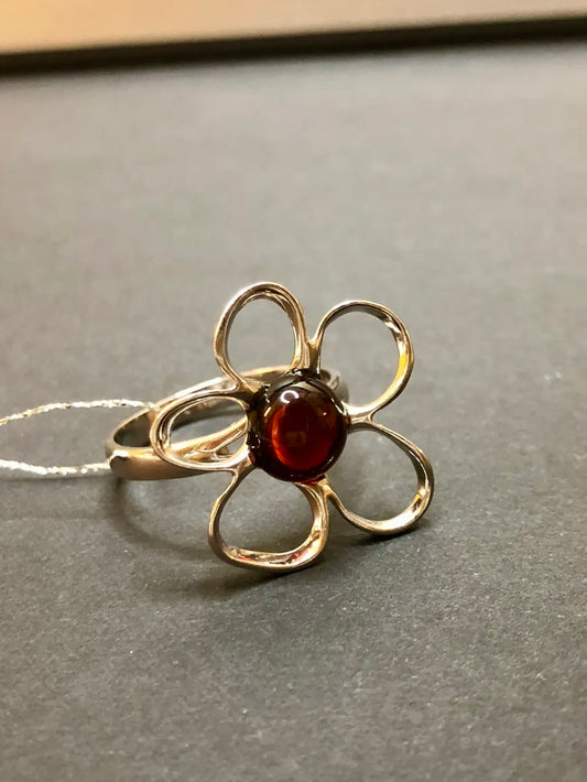 Handmade Baltic Natural Red Amber Apple Blossom 925 Sterling Silver Ring Size 8