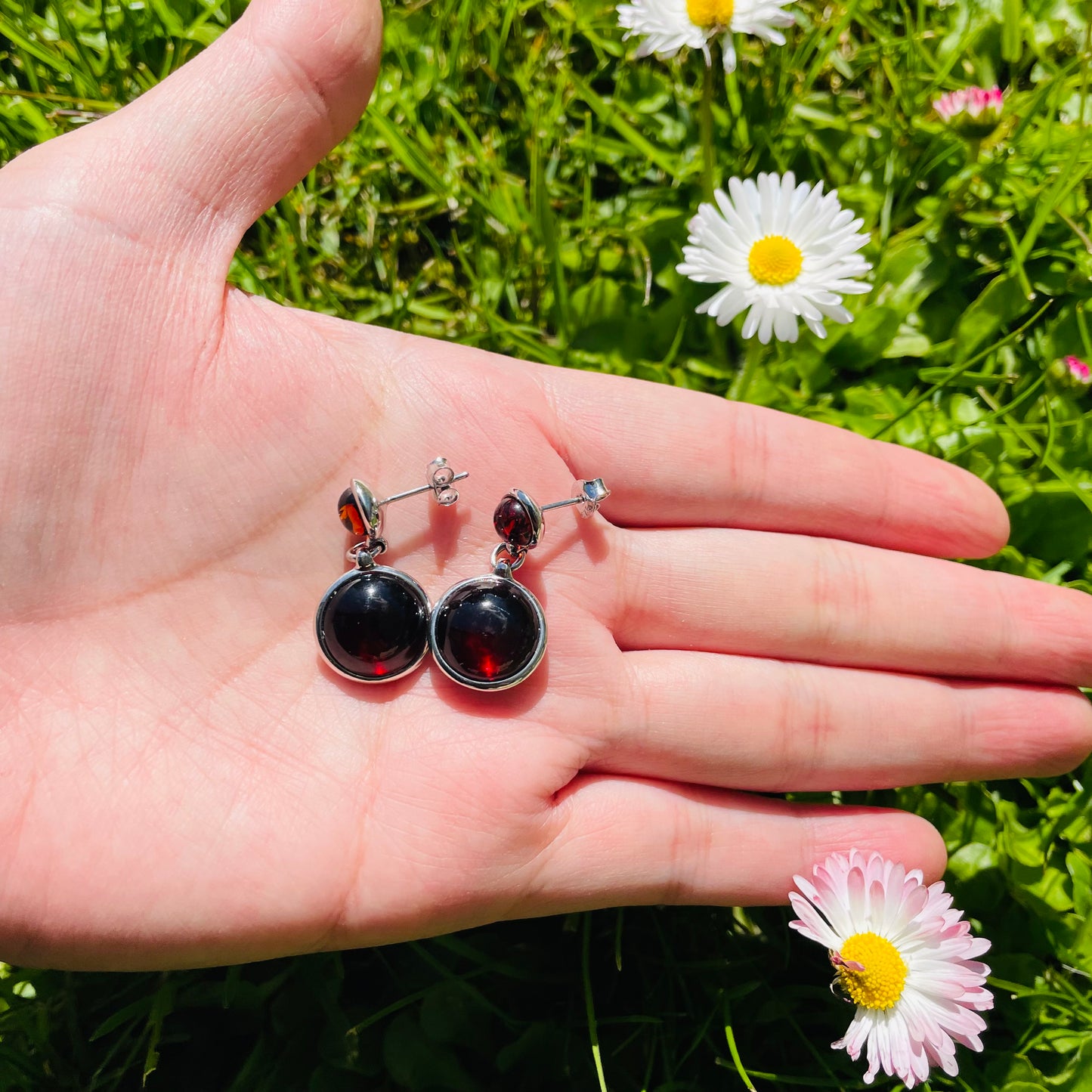 Handmade Baltic Natural Red Amber Round Tag 925 Sterling Silver Earrings