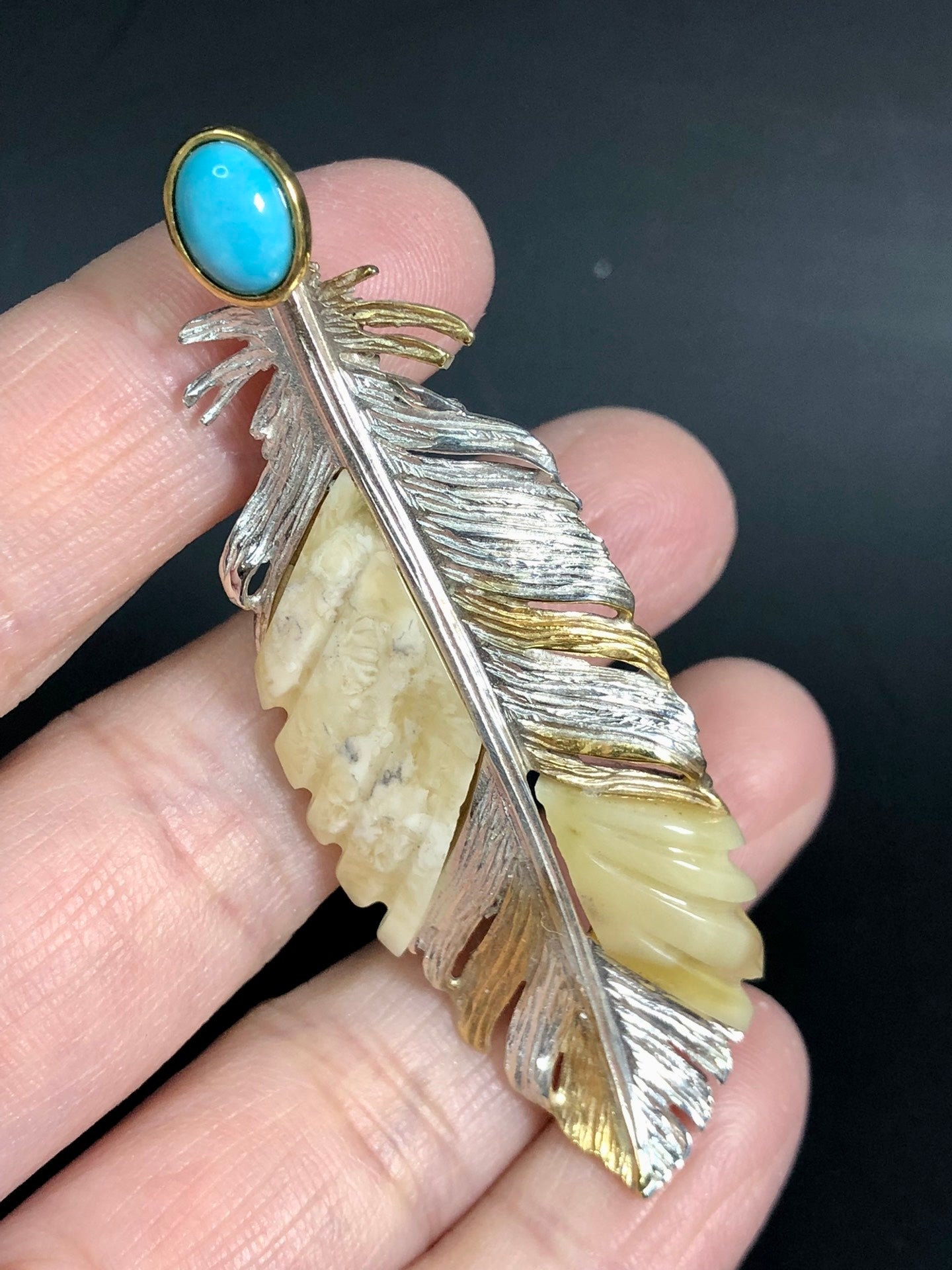 Handmade Genuine Baltic Natural White Amber with turquoise 925 feather-shaped three-dimensionalPendant/Brooch without a chain